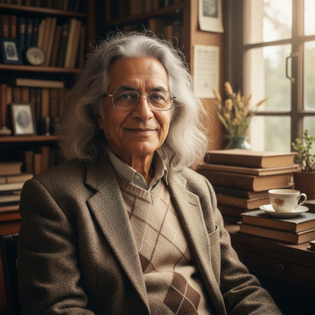 picture of a retired bengali professor without a moustache and lots of gray hair head with glasses
