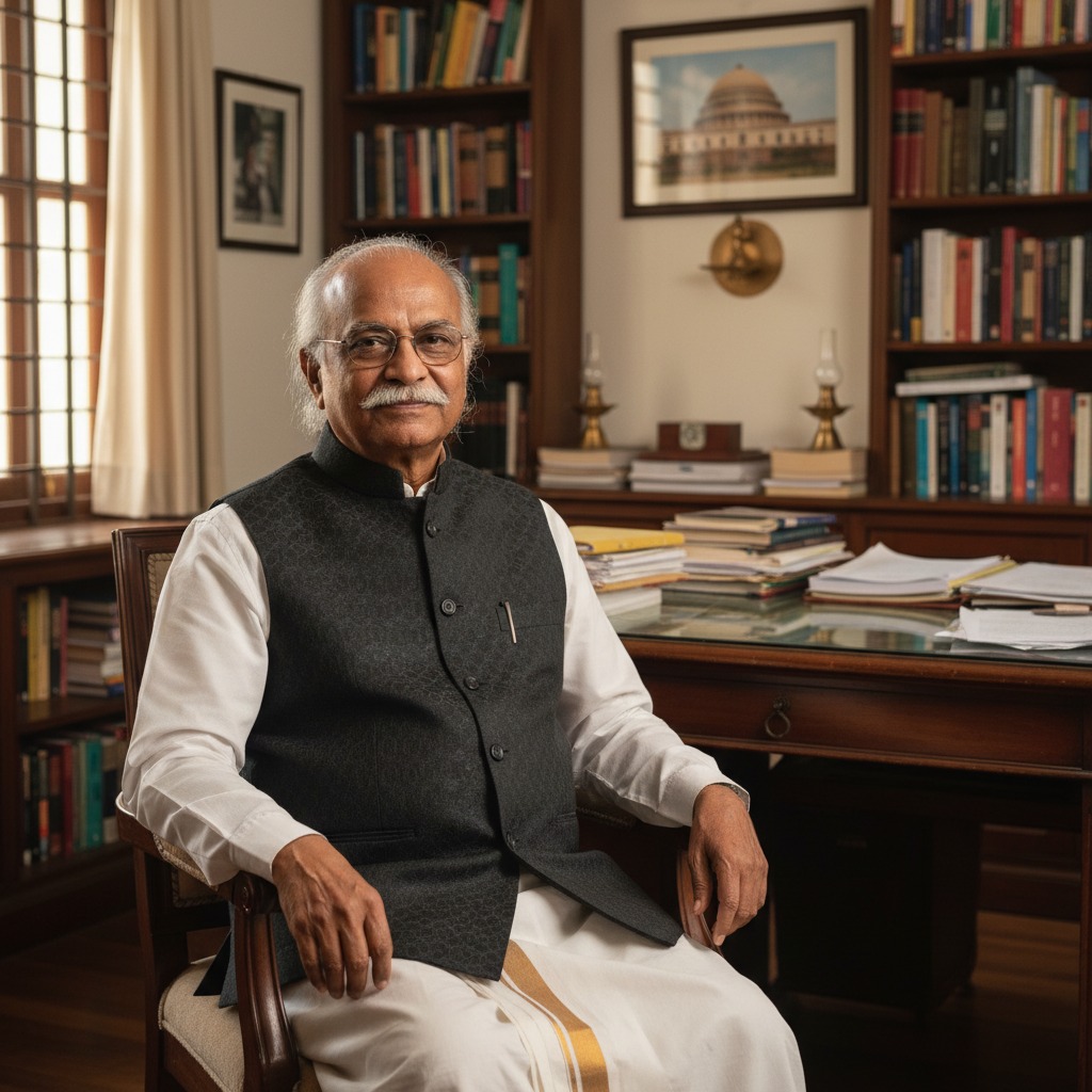 picture of a retired south indian bureaucrat with moustache and half bald head with glasses